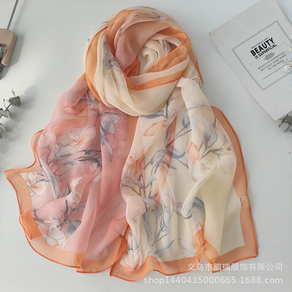 Neuer Sonnenschutz Langer Seidenschal Mohnblume Dünne Imitationsseide Frühling und Sommer Georgette Dekoration Damen Bedruckter Schal
