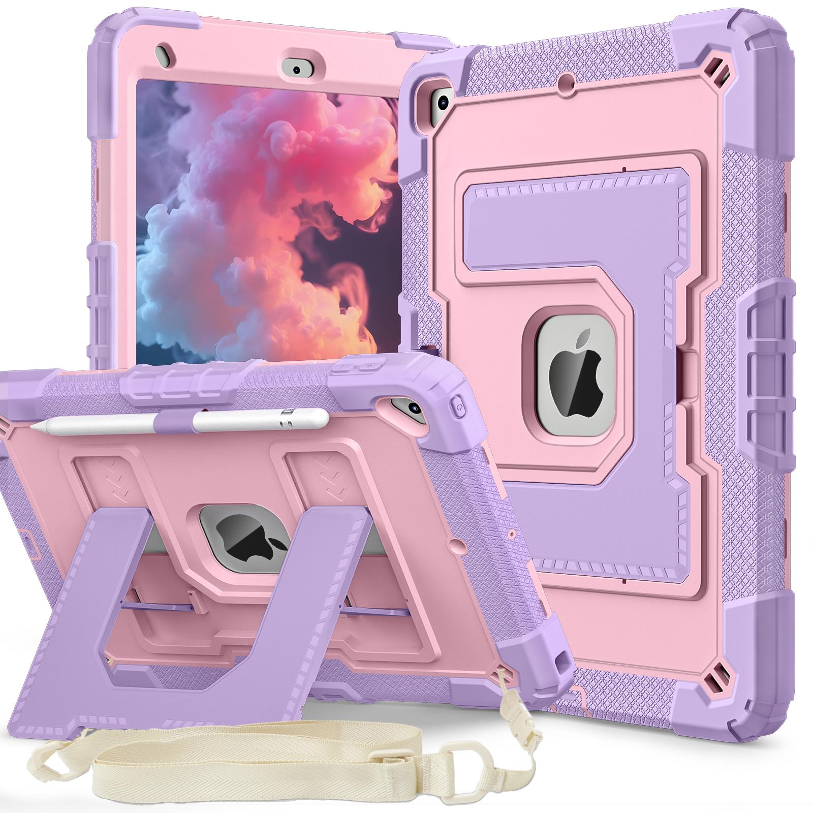 

For iPad 10.2 (2021)/(2019)/(2020) Case with Kickstand Strap Anti Drop PC+Silicone Tablet Cover Purple/Rose Gold