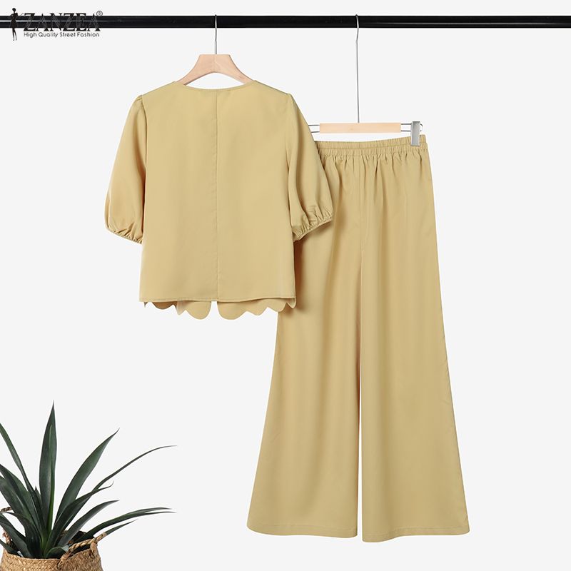 ZANZEA Damen Kurzarmbluse und Lange Hosen Sommer Zweiteilige Anzug Sets