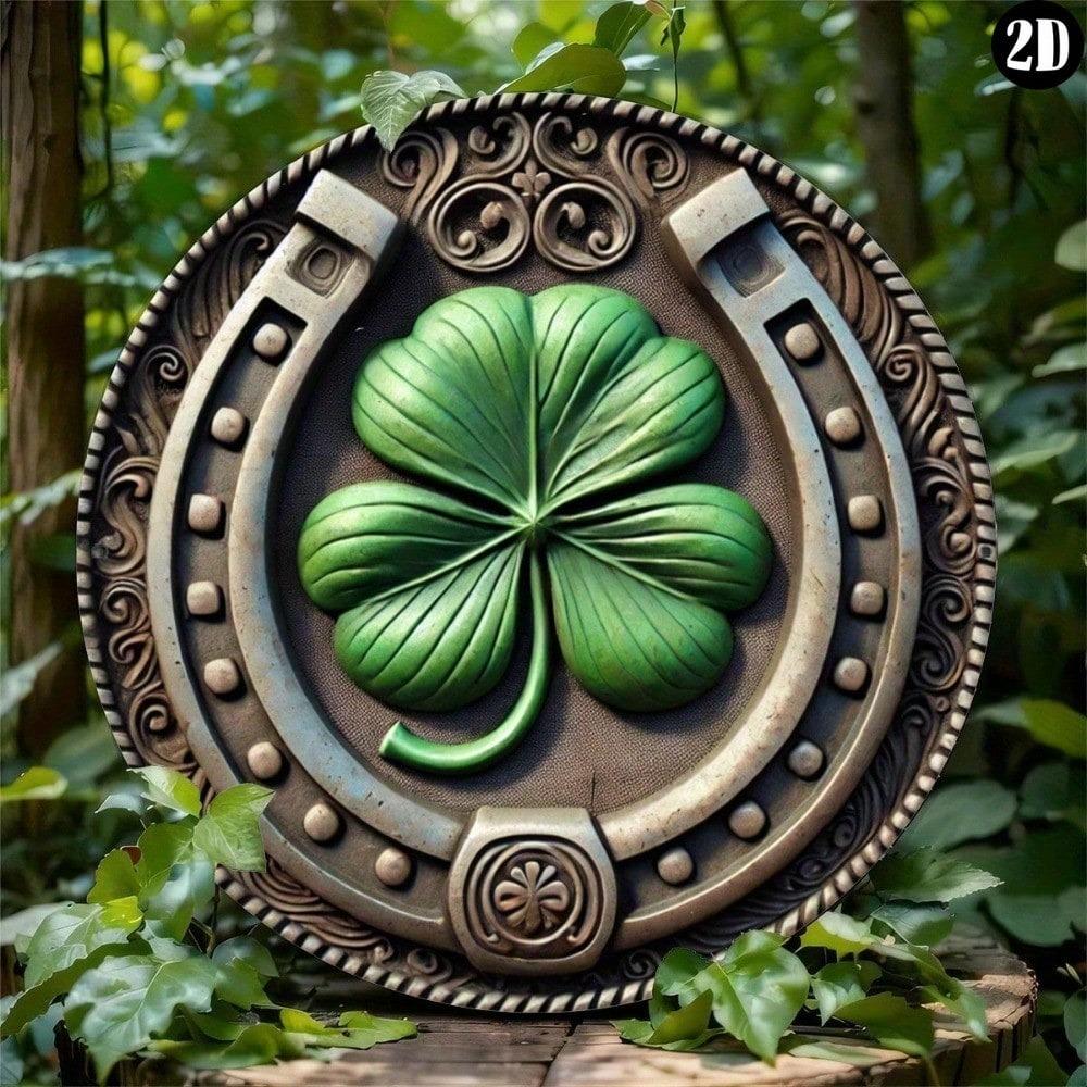 Vintage podkovy a čtyřlístky kovová nástěnná dekorace Zelená rustikální dekorace Domov Kavárna Garáž Venkovní