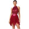 Womens Lyrical Dance Dress Ruched Metallic Mesh Rhinestone Detail Irregular Hem Sleeveless Backless Built In Briefs Leotard