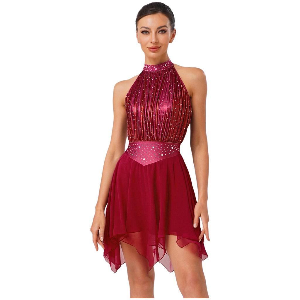 Womens Lyrical Dance Dress Ruched Metallic Mesh Rhinestone Detail Irregular Hem Sleeveless Backless Built In Briefs Leotard