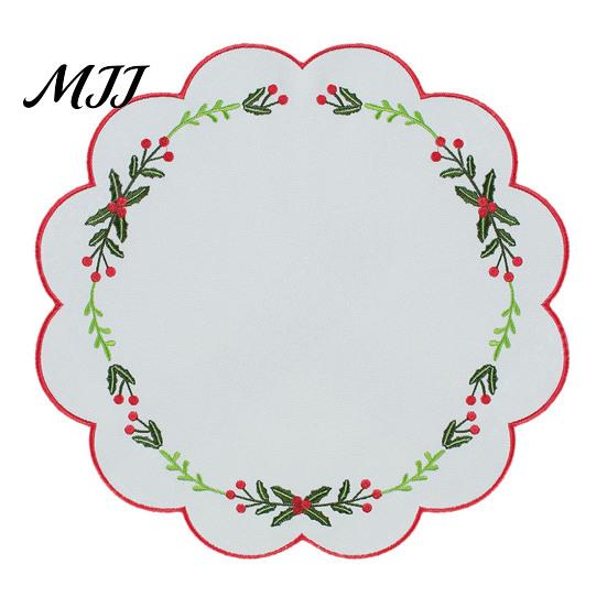 Soft Thick Table Protectors Christmas Scalloped Embroidered Placemat, 15 Inch Cloth Place Mat with Holly Berries Reusable Holiday Dining Accessories