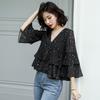Chiffon Top Women's Summer New Star-printed V-neck Chiffon Shirt Women's Seven-quarter-sleeved Black Versatile Blouse