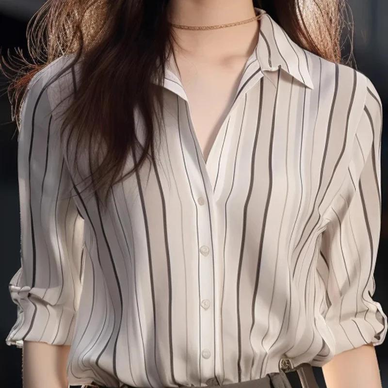 Stripe Women Shirt Vintage Blouse Fashion Spring Autumn Womens Tops Casual Female Clothing Loose Elegant Shirts for Women