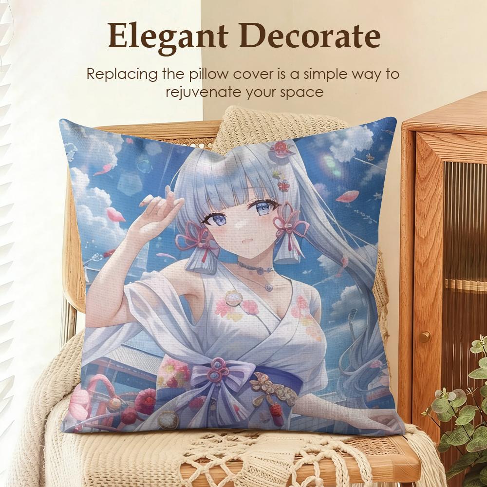 Kamizato Ayaka Genshin Impact Cushion Cover Natural Linen Organic Fabric DoubleSided Printing Sofa Home Decor Gift Pillow Case