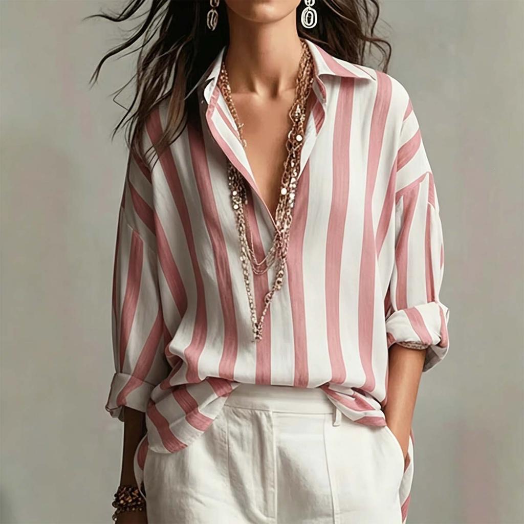 Women's Striped Long Sleeve Button Down Shirt for Casual Daily Wear