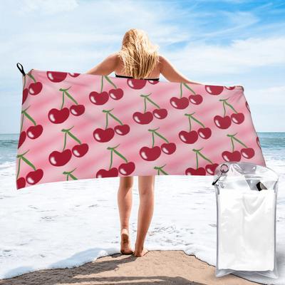 Red Cherry Green Stems Pink Beach Towel Soft Microfiber Quick Dry Absorbent Quick Towels For Swimming