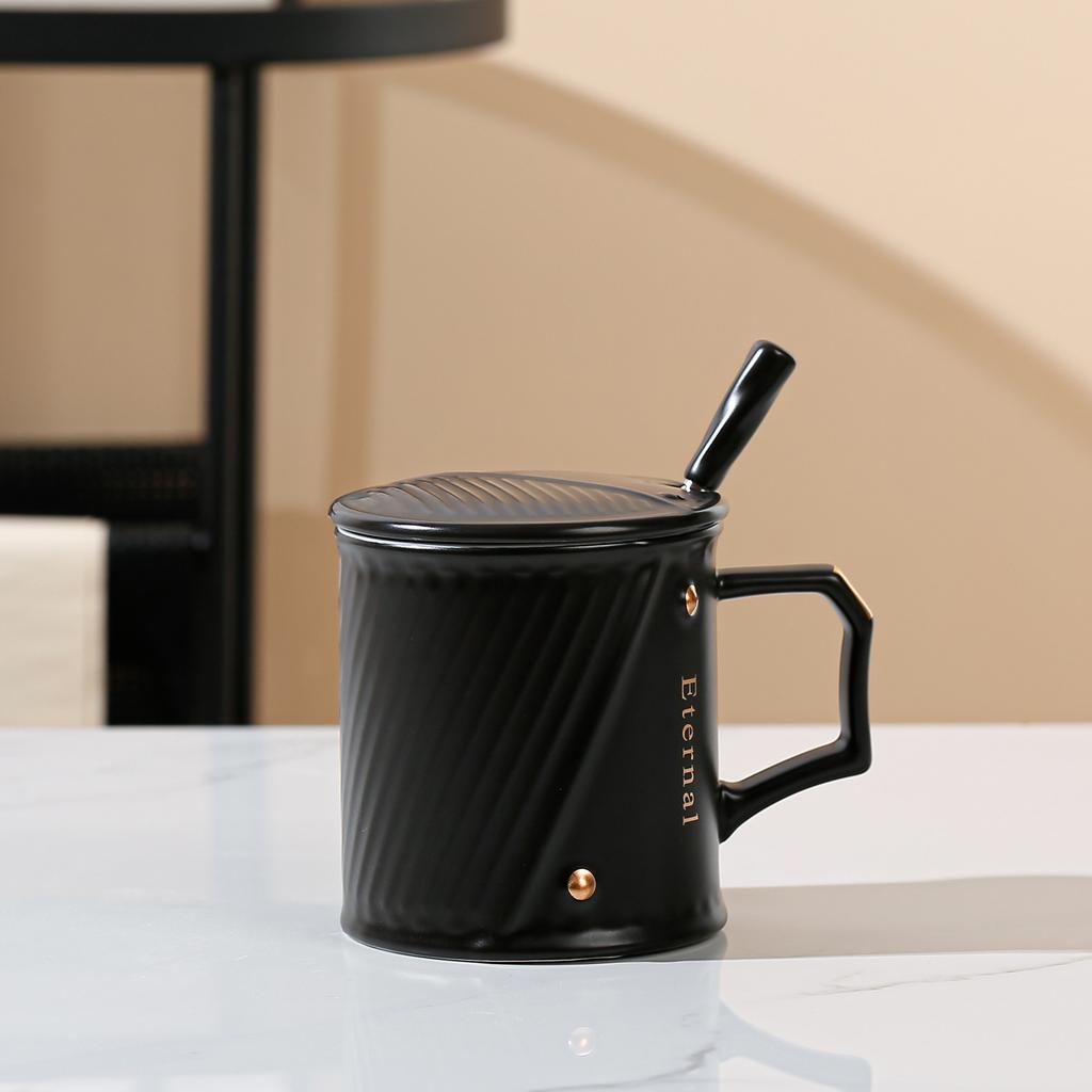 Personality Simple Embossed Light Luxury Twill Office Water Cup Ceramic Mug with Lid Spoon Household Mug Large Capacity