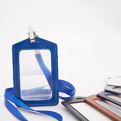 Fashionable ID Badge Card Holder Faux Leather Frame Clear Case Cover Lanyard