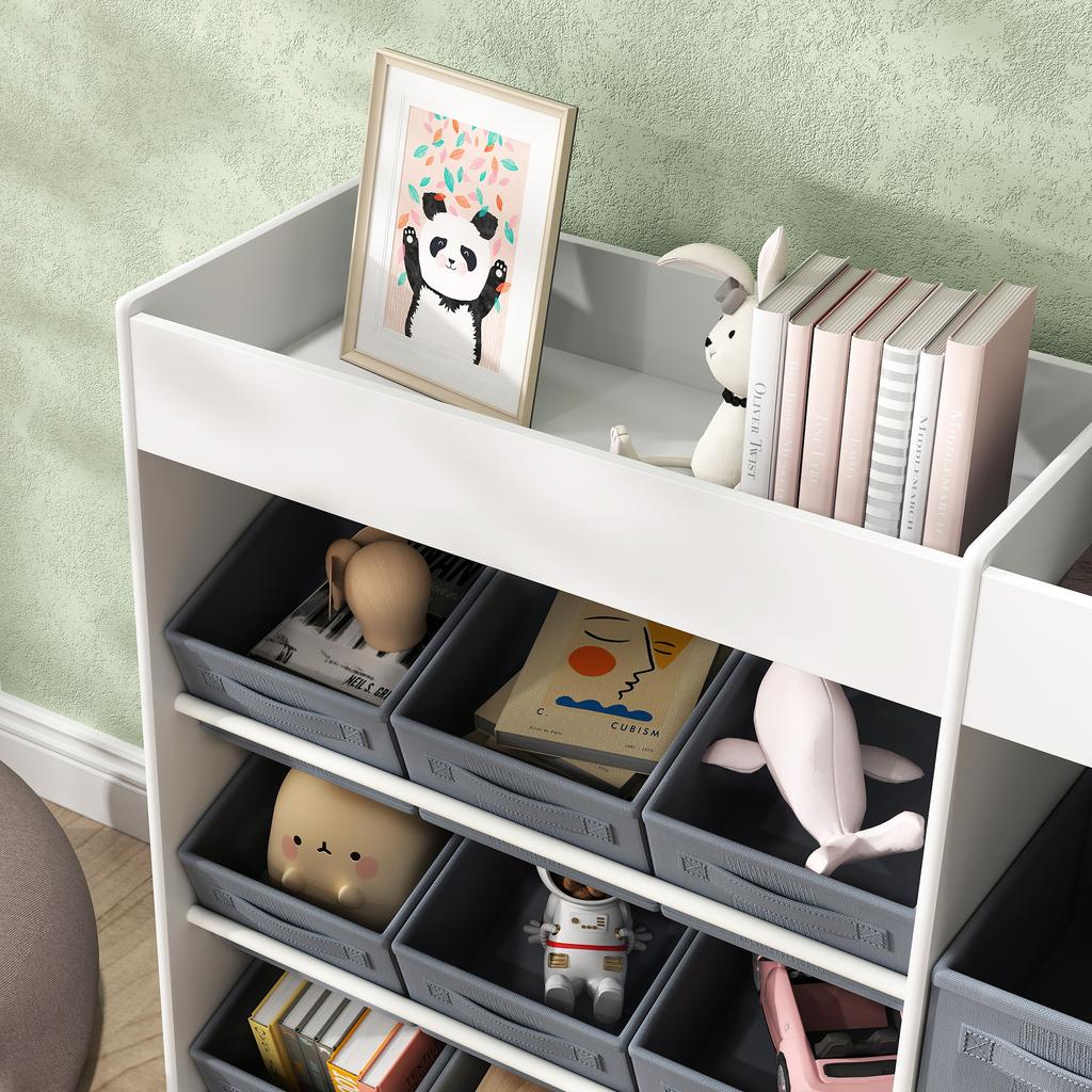 Kids' Storage Shelf, Toy Cabinet for Children with 11 Fabric Boxes, Upper Compartments, White