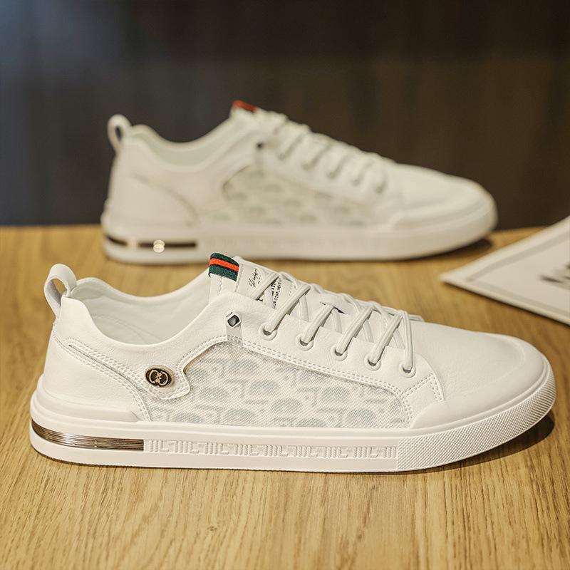 Breathable Men's Flat Bottom Casual Shoes Summer New Style Sporty Trendy White Synthetic Leather Sneakers Rubber Outsole