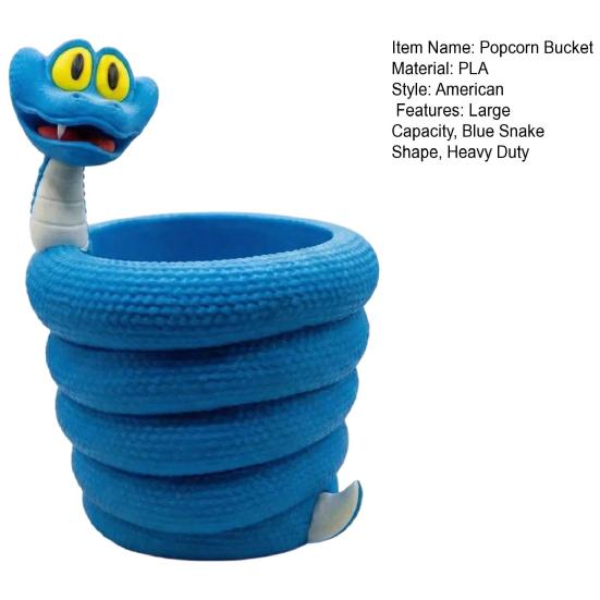 Contenitore per popcorn riutilizzabile, grande capacità, portatile, stampato in 3D, a forma di serpente blu, per snack e popcorn, regalo da collezione per gli appassionati di film di cartoni animati