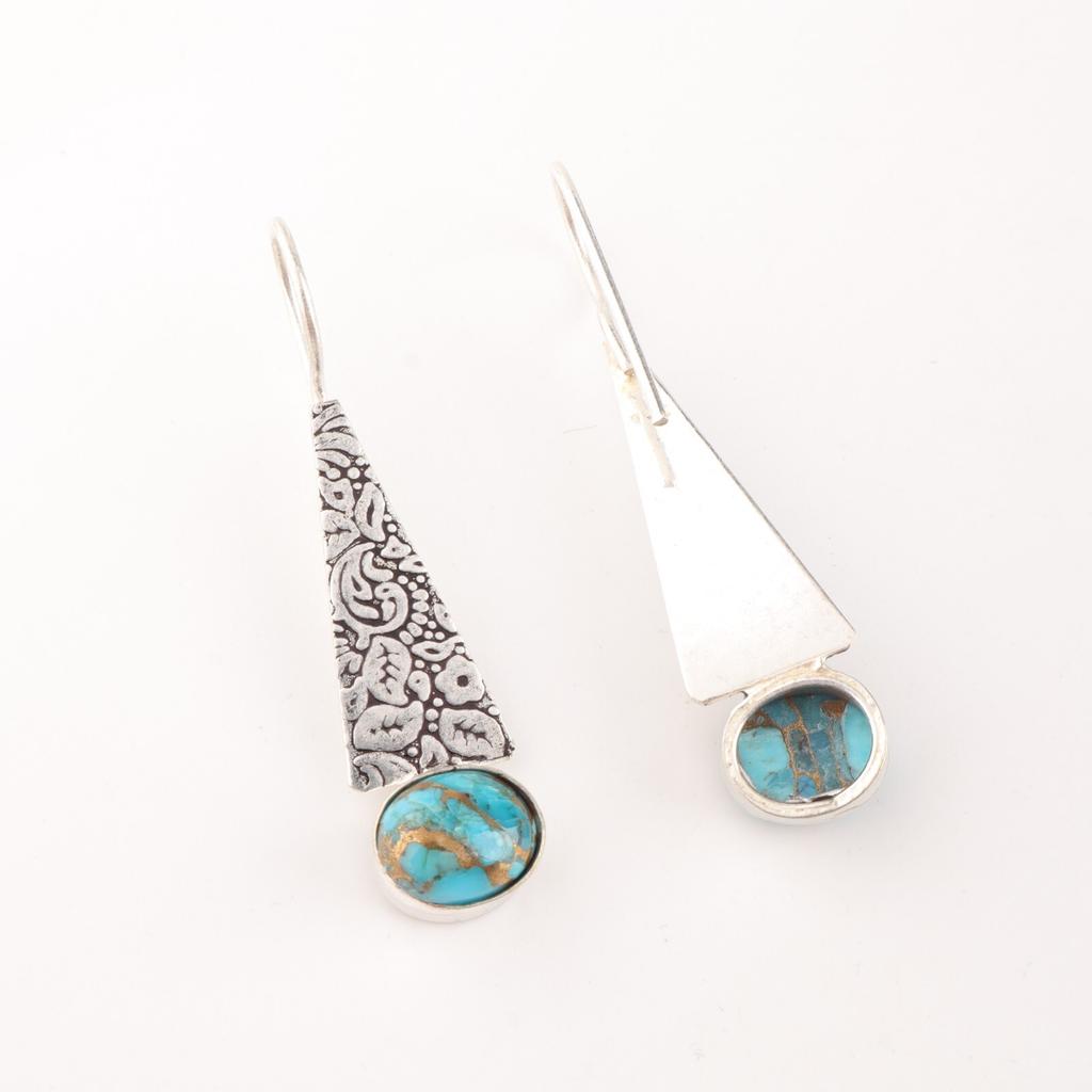Natural Blue Copper Turquoise Gemstone 925 Sterling Silver Jewelry Earrings 1.9" EE-165-43