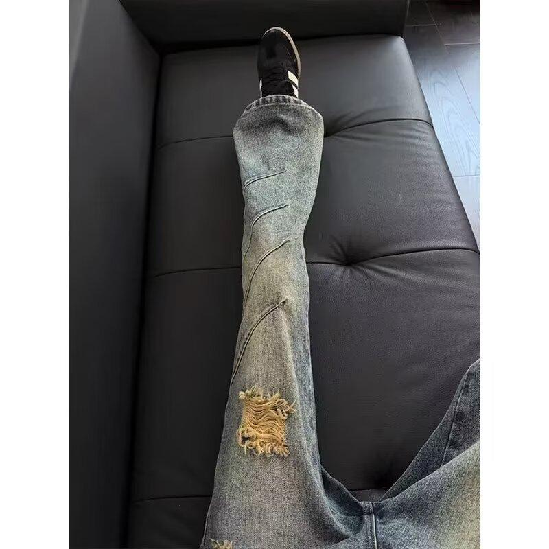 Large size American retro old loose ripped jeans men's and women's spring new high street wide-leg mopping straight pants