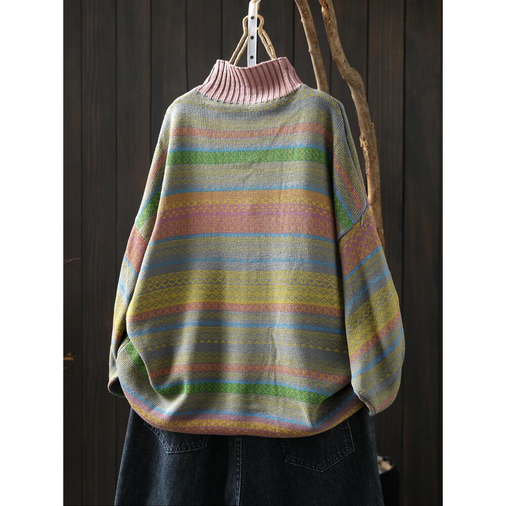 Winter Women's Colorful Striped Oversized Knit Sweater with Half-High Collar