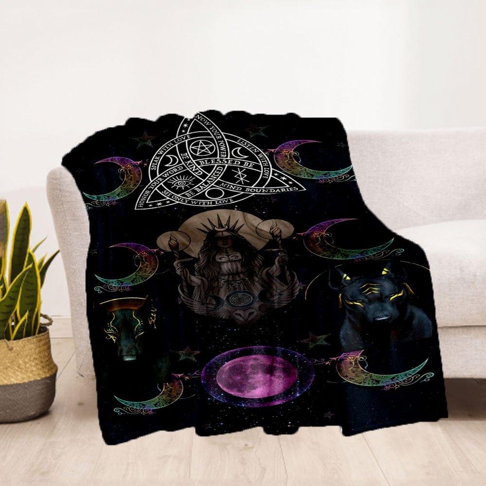 " Moon Phase Goddess and Dogs Wallpaper "Blanket Flannel Throw Blanket for Sofa, Bed, Travel, Camping, Office
