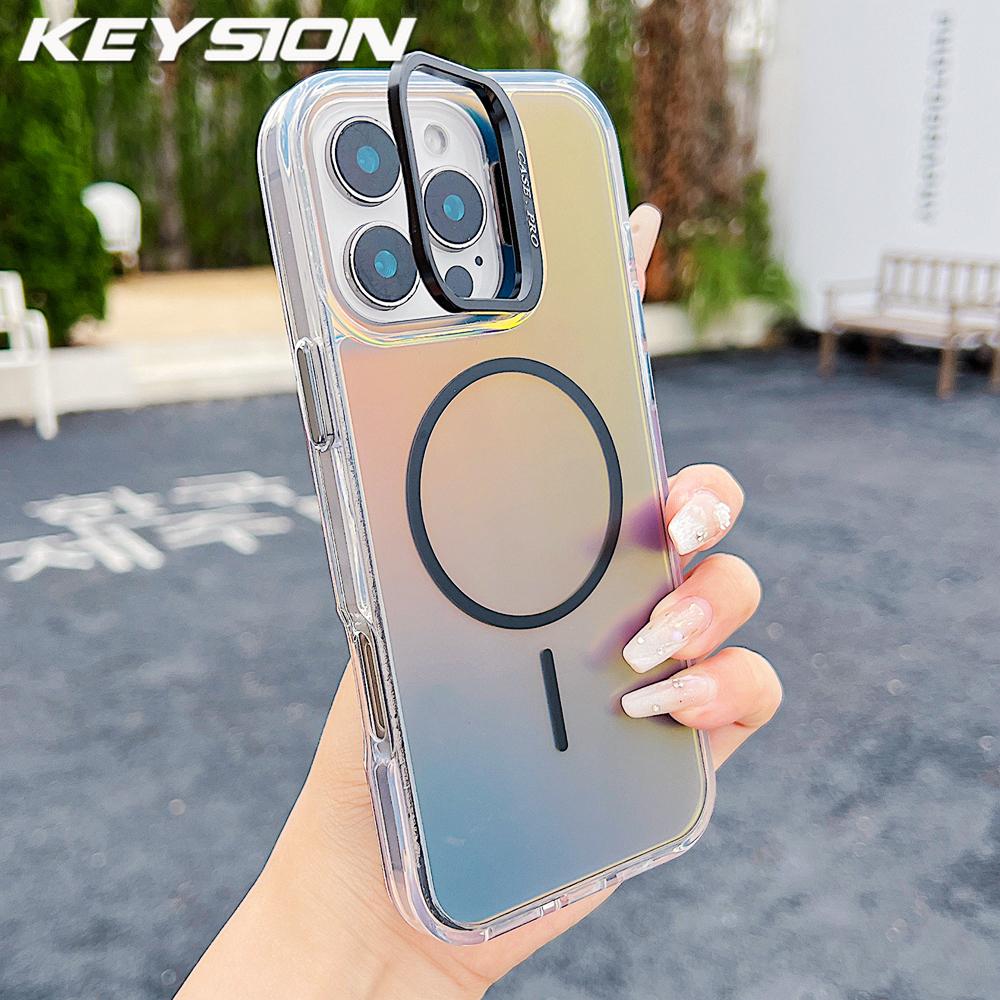 KEYSION Colorful Gradient Magnetic Lens Stand Case for iPhone 11 12 13 Pro Max for MagSafe TPU+PC Shockproof Back Cover