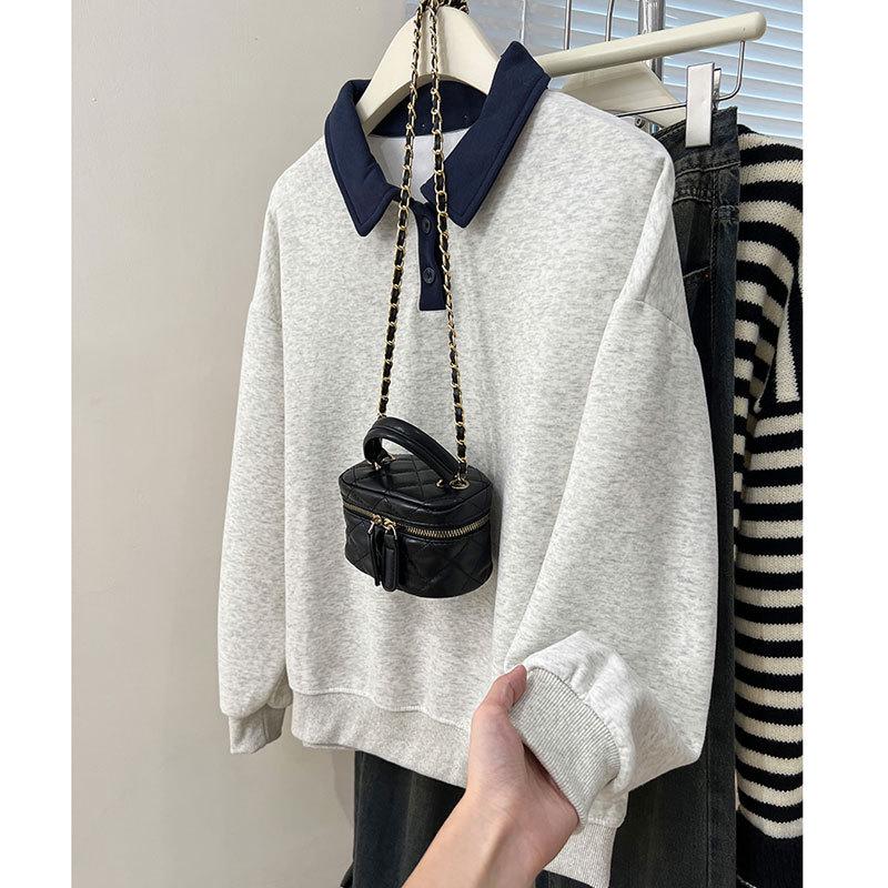 

Женский свитшот в стиле ретро с цветными блоками и воротником поло - Тренд весна-осень 2025, Свободный топ с длинным рукавом M (for up to 50 kg) хизер серый