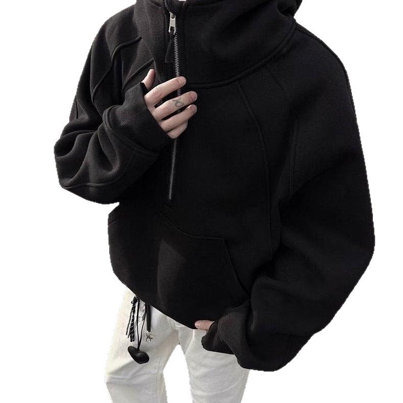 Unisex Deconstructed Solid Color Half-Zip Heavyweight Hooded Pullover Sweatshirt