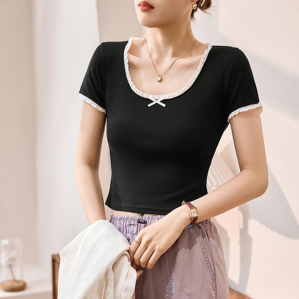 Lace T-shirt Women's Summer New U-neck Bow Short-sleeved Contrasting Top