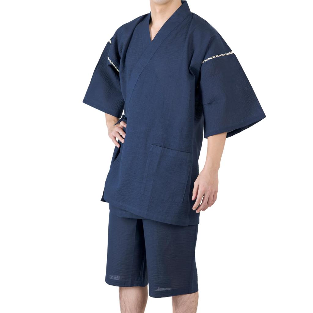 Kimono Living Men's Shijira Weave Jinbei (Wafu Style) 100% Cotton, Sizes M/L/LL, Gift (Navy, LL)