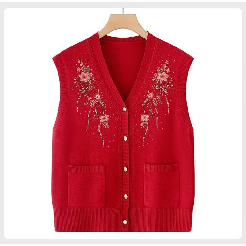 

Вязаный жилет-кардиган с клипсой в виде лошади, растительной цветочной вышивкой, повседневный топ L красный