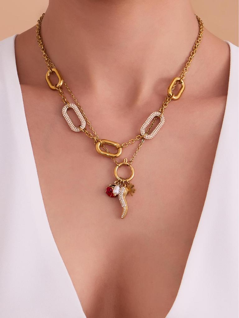 Oval Inlaid Diamond Necklace with Freshwater Pearl, Stainless Steel Pendant & Clavicle Chain for Women