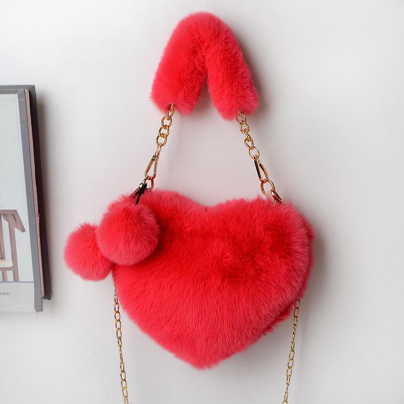 Popular Little Girl Imitation Rabbit Fur Love Handbag Plush Bag Shoulder Crossbody