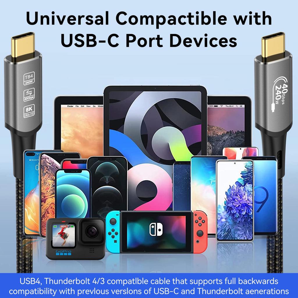 Type-C 8K HD Screen Casting Cable, 40G USB4 Fast Charging, Thunderbolt 4/3 Compatible, 240W