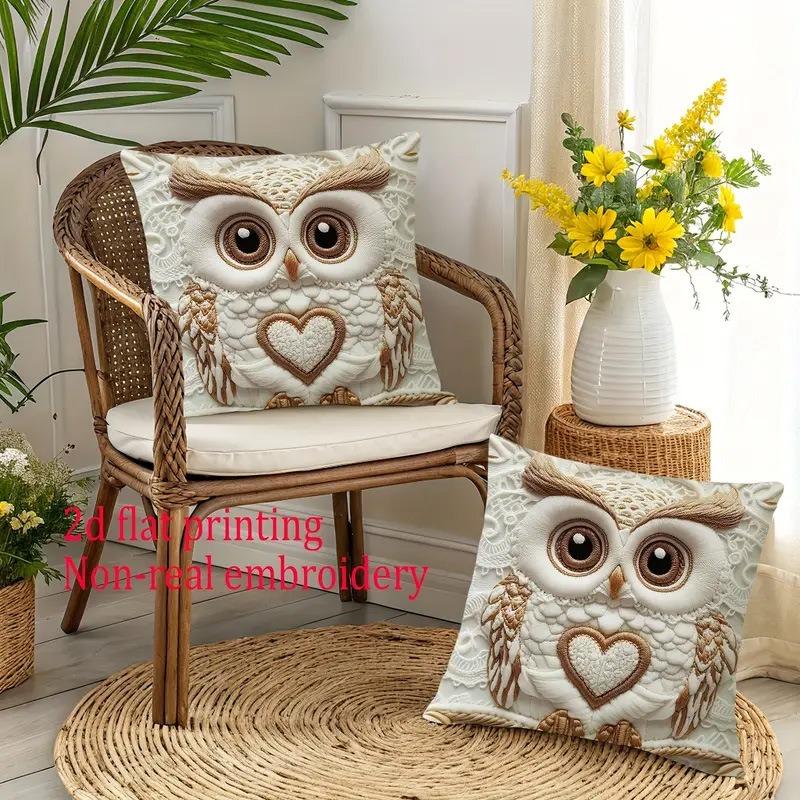 Soft Velour Owl Pillowcase with 2D Flat Printing and Non-Real Embroidery Effect (excluding Pillow Core)
