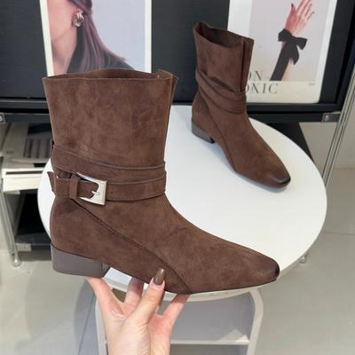 Square Head Thick Heel Western Boots Women's Autumn and Winter New Retro Dirty Boots Medium Boots