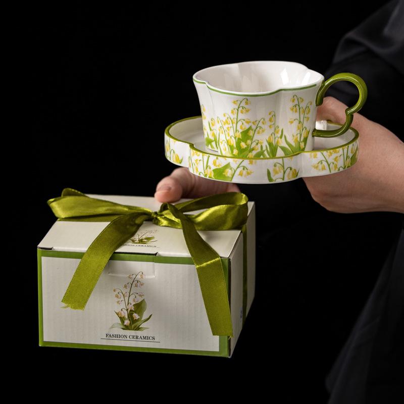 Light Luxury Green Lily of The Valley Coffee Cup and Saucer Set Afternoon Tea Cups  Ceramic Water Cups  Home Mugs As Souvenirs