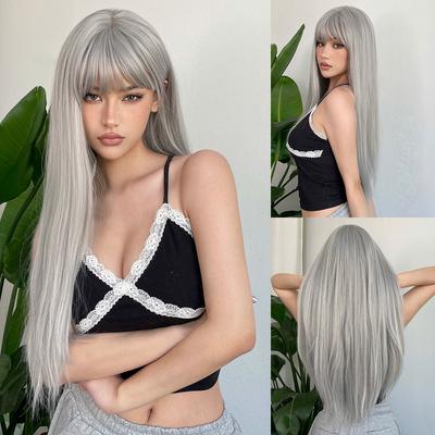 Pelucas Sintéticas Largas Rectas Gris Ceniza Plateada Lolita Cosplay Cabello Natural con Flequillo para Mujeres Fiesta Diaria Resistentes al Calor