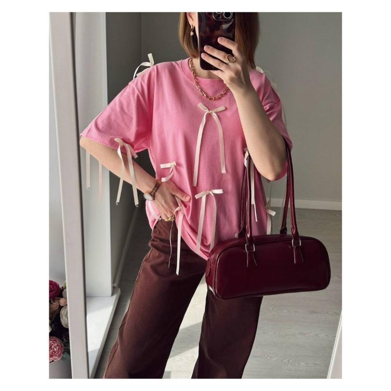 Summer New Design Three-dimensional Bow Decoration Versatile Mid-length T-shirt for Women