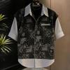 Men's Bandana Patchwork Striped Contrast Pocket Short Sleeve Button Down Shirt Casual Streetwear Top