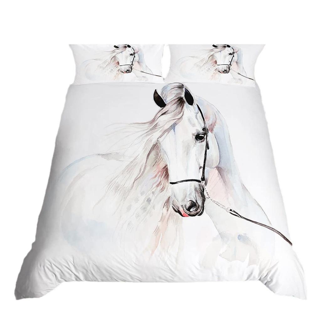 White Horse Down Quilt Set, Wild Animal Quilt Cover, Comfortable Bedding Three-Piece Set