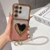 Gradient Glitter Rhinestone Phone Case For Samsung Galaxy S26 Ultra S25 S24 Plus Heart-shaped Mirror Stand Strap Bling Cover
