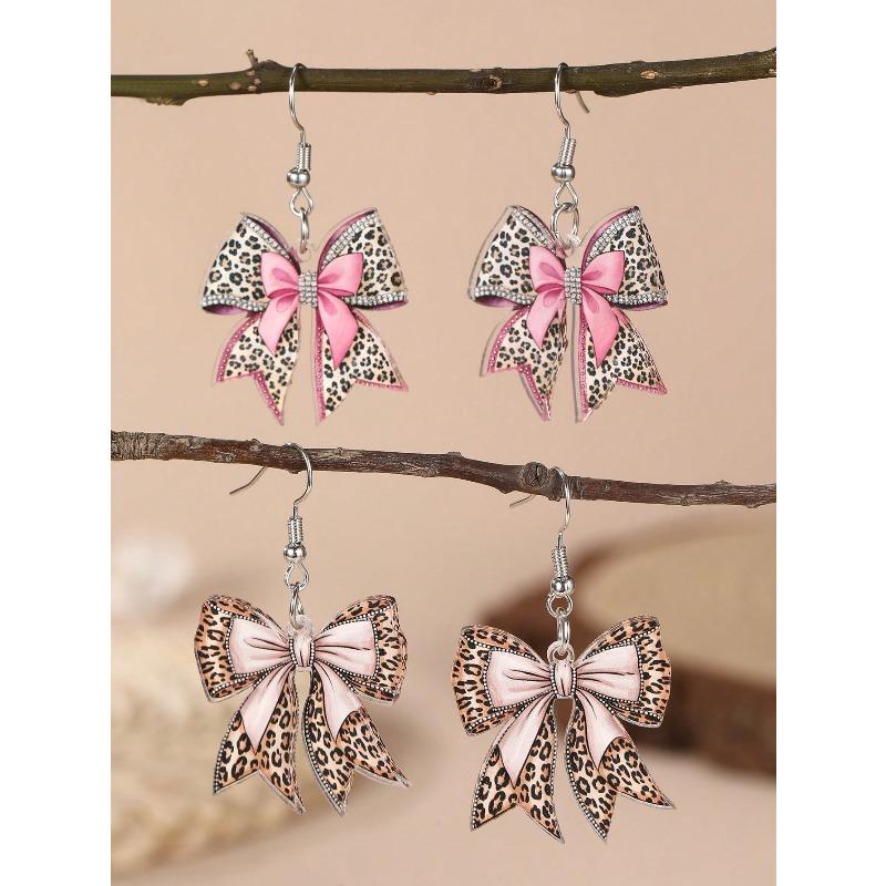 Fashionable Leopard Print Bow Acrylic Flat 2D Earrings, Versatile For Daily Wear And Party Accessories
