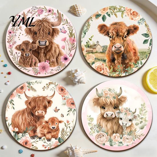 Scratch Resistant Desktop Pads Highland Cow Cork Coasters, Cute Floral Farmhouse Drink Mats with Decorative Home Kitchen Accessories Non-Slip