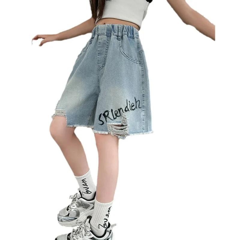 Sommer Teenie Mädchen Loch Jeansshorts Lässig Ausgefranster Rand Handgezeichnete Buchstaben Junior Mädchen Halbhosen Kinderkleidung