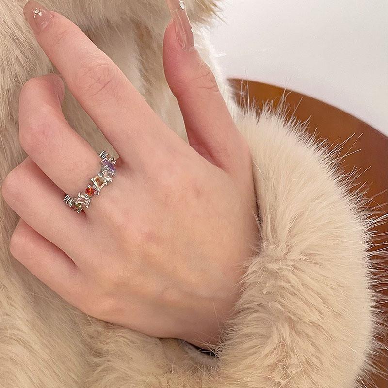 Dreamy Rainbow Colored Zircon Copper Adjustable Open Ring For Women Stylish Design 2023