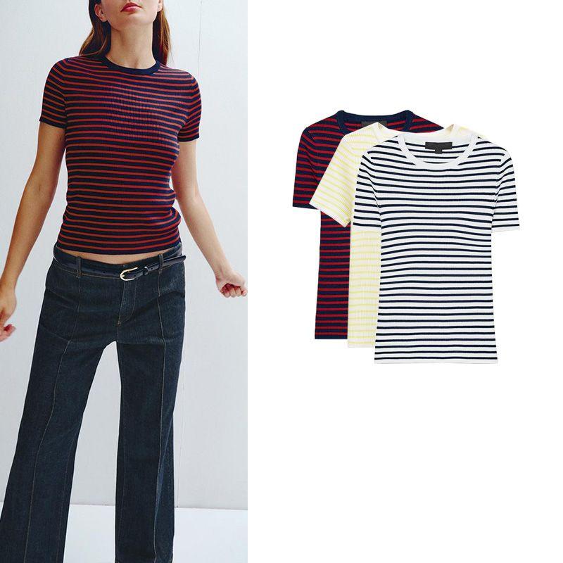Summer New Product Women's Clothes Minimalist Casual Style T-shirt Stripes Silm round Neck Short Sleeve Knitting Tops 3519020