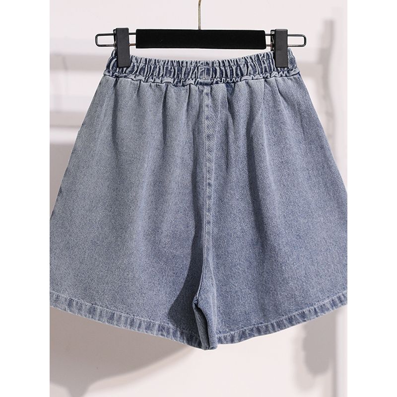European and American Summer Students Plus size women clothing Drawstring Simple A Word Covering Loose Wide Leg Demin shorts Hot Pants S-5XL
