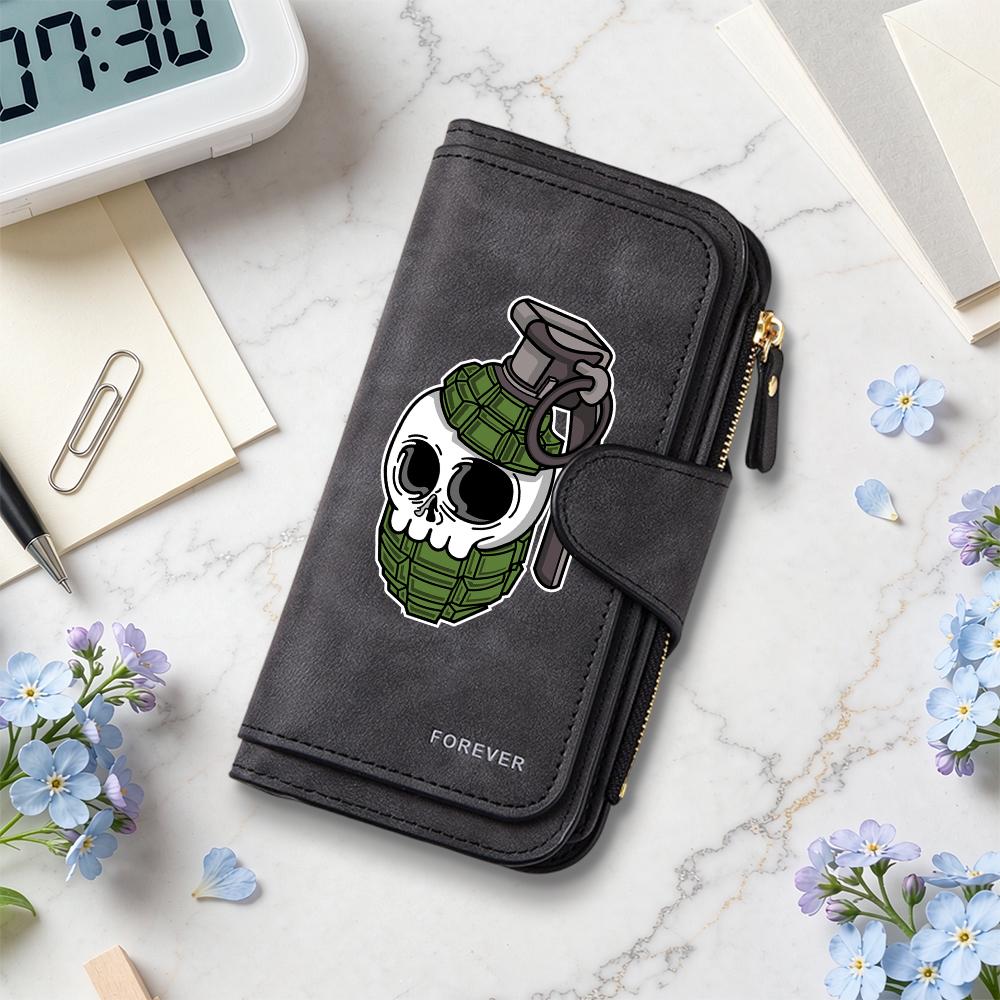 Gothic Skull Grenade Pattern Bifold Long Wallet Fashion Portable Multi Card Slot Purse for Daily Use