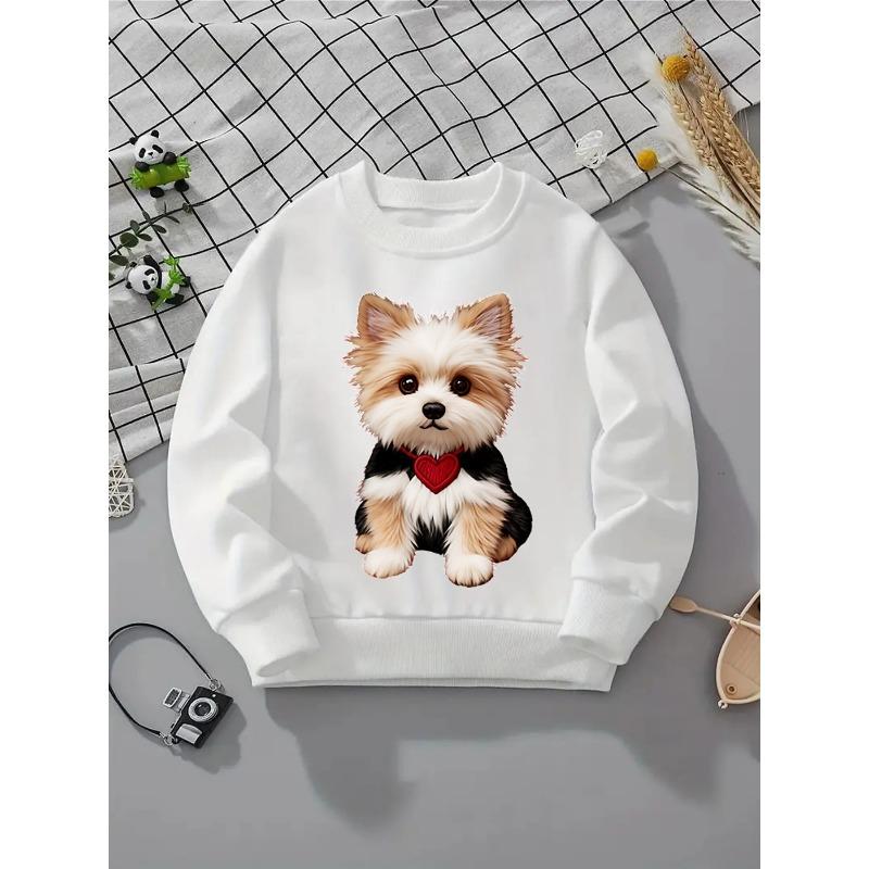 Girls' Crewneck Sweatshirt - Cute Dog with Red Heart Collar Machine Washable, Spring And Autumn, Sportswear And Casual Wear