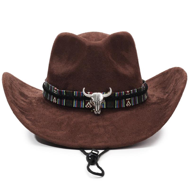 Western Cowboy Style Tibetan Bull Head Accessories Fashion Top Hat Autumn/Winter New Collection Deer Skin Velvet Large Edge Riding Hat
