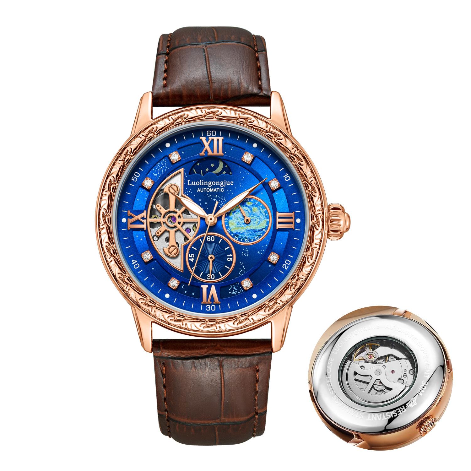 

Розкішний чоловічий бізнес-автоматичний механічний годинник, зі скелетонізованим дизайном, ретро стильним різьбленим циферблатом, як подарунок наручний годинник Brown Belt синій