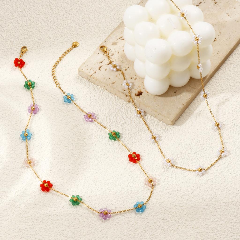 Flower Beaded Necklace 304 Stainless Steel 18K Gold Plated Link Cable Chain 40cm+ 5cm For Women Sweet & Cute Exquisite Gift