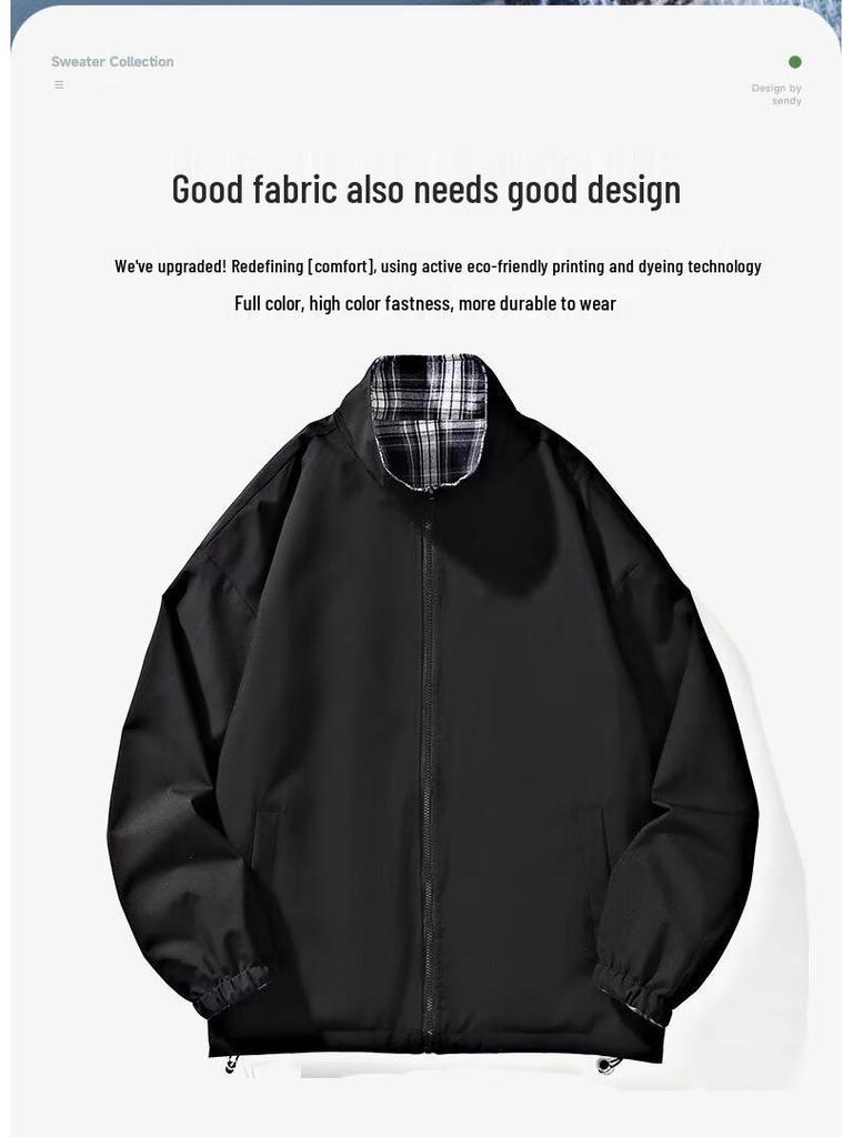 Men's Casual Double-Sided Plaid Patchwork Jacket - Stand Collar, Versatile Spring/Autumn Outerwear in American and Japanese Style